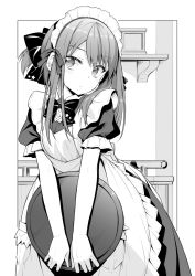 Rule 34 | 1girl, apron, blush, bow, breasts, commentary request, dress, frilled apron, frills, greyscale, hair between eyes, headdress, highres, holding, holding tray, ina (inadahime), looking at viewer, maid, maid apron, maid headdress, medium hair, monochrome, original, puffy short sleeves, puffy sleeves, short sleeves, sidelocks, small breasts, solo, tray, tsubaki-chan (ina (inadahime))