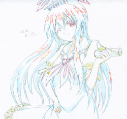 Rule 34 | 1girl, blue hair, bow, colored pencil (medium), dated, dress, hand on own hip, hat, highres, kamishirasawa keine, long hair, makicha (sasurainopink), one eye closed, red eyes, ribbon, scroll, simple background, sketch, smile, solo, touhou, traditional media