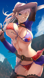 Rule 34 | 1girl, absurdres, american flag bikini, american flag print, arm up, asymmetrical hair, bikini, blue eyes, blue sky, blush, bouncing breasts, breasts, brown gloves, bun cover, cleavage, day, fate/grand order, fate (series), fingerless gloves, flag print, gloves, gunblade, hair bun, hand gesture, highres, hotate-chan, huge filesize, large breasts, long hair, looking to the side, miyamoto musashi (fate), miyamoto musashi (fate/grand order), miyamoto musashi (swimsuit berserker) (fate), miyamoto musashi (swimsuit berserker) (second ascension) (fate), navel, one eye closed, parted lips, pink hair, print bikini, shrug (clothing), single hair bun, sky, smile, solo, swept bangs, swimsuit, thigh strap, unaligned breasts, w, weapon
