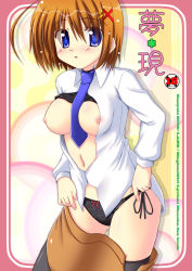 Rule 34 | 00s, 1girl, between breasts, blue eyes, blush, breasts, brown hair, hair ornament, lask, lyrical nanoha, mahou shoujo lyrical nanoha, mahou shoujo lyrical nanoha a&#039;s, navel, necktie, open clothes, open shirt, panties, shirt, short hair, side-tie panties, solo, standing, thighhighs, underwear, undressing, x hair ornament, yagami hayate