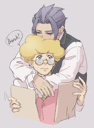 Rule 34 | 2boys, ace attorney, afro, albert harebrayne, arms around neck, barok van zieks, blonde hair, blue eyes, chin rest, collared shirt, glasses, grey background, head on head, head rest, highres, holding, holding paper, hug, hug from behind, leaning on person, long sleeves, looking at another, male focus, multiple boys, paper, purple hair, reducto1art, shirt, short hair, simple background, the great ace attorney, the great ace attorney 2: resolve, upper body, white shirt, yaoi