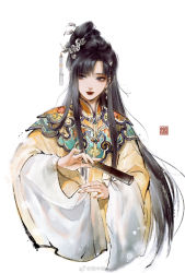 Rule 34 | 1girl, black hair, chinese clothes, earrings, hair ornament, hand fan, highres, jewelry, ke zhong xie, long hair, looking to the side, open mouth, original, pinching sleeves, solo, teeth, upper body, white background