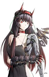 Rule 34 | 1girl, absurdres, armored gloves, black dress, black hair, choker, closed mouth, dog tags, dress, headgear, highres, horns, long hair, lucia (punishing: gray raven), mechanical arms, mechanical horns, mechanical parts, mechanical wings, multicolored hair, punishing: gray raven, red choker, red eyes, red hair, sidelocks, signature, single sidelock, solo, streaked hair, swetrain4, white background, wings