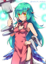 Rule 34 | 1girl, blush, breasts, character request, cleavage, dress, green hair, hair ornament, hairpin, hand on own hip, holding, holding weapon, long hair, looking at viewer, mataichi mataro, ole tower, red dress, side slit, simple background, sleeveless, sleeveless dress, small breasts, solo, sparkle, weapon, white background, yellow eyes