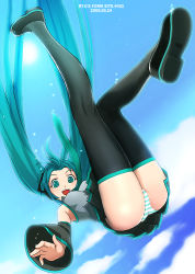 Rule 34 | 1girl, ass, detached sleeves, falling, green eyes, green hair, hatsune miku, knees together feet apart, legs together, legs up, long hair, matching hair/eyes, necktie, panties, pantyshot, ryu (ryu&#039;s form site), skirt, solo, striped clothes, striped panties, thighhighs, twintails, underwear, upskirt, vocaloid
