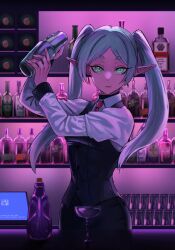 Rule 34 | 1girl, alcohol, alternate costume, bottle, cosplay, earrings, elf, formal, frieren, green eyes, highres, jewelry, jill stingray, jill stingray (cosplay), long hair, long sleeves, looking at viewer, mixing, necktie, pointy ears, red necktie, reze (rewindze), sousou no frieren, suit, thick eyebrows, twintails, white hair