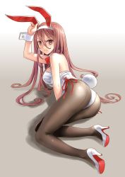 Rule 34 | 1girl, animal ears, bow, bowtie, brown eyes, brown hair, brown pantyhose, commentary request, detached collar, fake animal ears, gradient background, hair between eyes, high heels, highres, katahira masashi, leotard, long hair, looking at viewer, lying, on side, original, pantyhose, playboy bunny, rabbit ears, rabbit tail, red bow, red bowtie, solo, strapless, strapless leotard, tail, white background, white footwear, white leotard, wrist cuffs