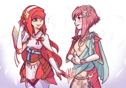 Rule 34 | 2girls, blush, cape, colored skin, cosplay, costume switch, crossover, fins, fire emblem, fire emblem fates, fish girl, gloves, hair ornament, hairband, japanese clothes, jewelry, long hair, mipha, mipha (cosplay), monster girl, multicolored skin, multiple girls, nintendo, no eyebrows, pink hair, red eyes, red hair, red skin, sakura (fire emblem), sakura (fire emblem) (cosplay), short hair, smile, super smash bros., the legend of zelda, the legend of zelda: breath of the wild, yellow eyes, zora