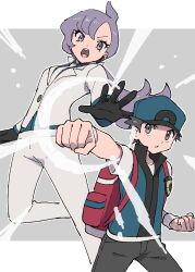 Rule 34 | 1boy, 1girl, alternate color, anabel (pokemon), backpack, bag, brown eyes, brown hair, clenched hands, creatures (company), earpiece, game freak, gloves, highres, looking at viewer, necktie, nintendo, open mouth, outstretched arm, pokemon, pokemon masters ex, ponytail, pumpkinpan, purple eyes, purple hair, red (pokemon), standing, v-shaped eyebrows, vs seeker, wristband