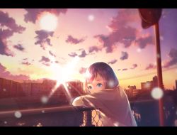 Rule 34 | 1girl, bad id, bad pixiv id, blue eyes, brown hair, cloud, fence, letterboxed, looking at viewer, original, outdoors, scenery, short hair, short sleeves, sky, solo, sunset, yomochi (y0m0chi)