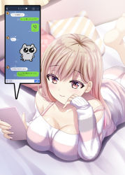 Rule 34 | 1girl, bare shoulders, breasts, brown eyes, brown hair, cellphone, cleavage, closed mouth, collarbone, commentary request, hair between eyes, heart, heart print, holding, holding phone, long hair, long sleeves, medium breasts, off-shoulder shirt, off shoulder, original, phone, pillow, shirt, shiwasu horio, shorts, sleeves past wrists, smile, solo, striped clothes, striped shirt, striped shorts, text messaging, translation request
