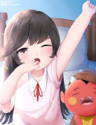 Rule 34 | 1girl, ;o, arm up, armpit peek, artist name, ashley (warioware), bed, black hair, brown hat, collarbone, commentary request, demon, flat chest, hair down, hand to own mouth, hat, indoors, lingerie, looking at viewer, negligee, nightgown, nintendo, one eye closed, open mouth, pillow, red (warioware), red eyes, short sleeves, sidelocks, sleepy, twitter username, underwear, upper body, ushinomiya, warioware, yawning