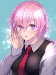 Rule 34 | 1girl, absurdres, adjusting eyewear, black dress, breasts, dress, fate/grand order, fate (series), glasses, hair over one eye, highres, jacket, large breasts, light purple hair, looking at viewer, mash kyrielight, necktie, open mouth, purple eyes, ri-ko, short hair, sleeveless, sleeveless dress, solo, upper body