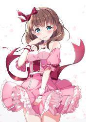 Rule 34 | 1girl, back bow, bare shoulders, blue eyes, blush, bow, breasts, brown hair, closed mouth, collarbone, commentary request, detached sleeves, frilled skirt, frills, hair bow, hairband, hand up, highres, idolmaster, idolmaster cinderella girls, long hair, medium breasts, petals, pink hairband, pink skirt, pink sleeves, pleated skirt, puffy short sleeves, puffy sleeves, red bow, sakuma mayu, short sleeves, single wrist cuff, skirt, smile, solo, strapless, sutoroa, wrist cuffs