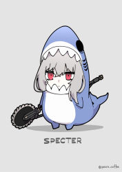 Rule 34 | 1girl, animal costume, arknights, character name, chibi, circular saw, closed mouth, commentary request, full body, grey background, grey hair, hair between eyes, highres, looking at viewer, poaro, red eyes, saw, shadow, shark costume, simple background, solo, specter (arknights), standing, twitter username
