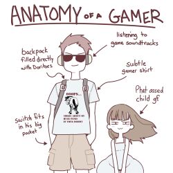 Rule 34 | 1boy, 1girl, :3, absurdres, age difference, anatomy of a gamer (meme), backpack, bag, blunt bangs, blush, borrowed character, brown hair, child gf (orenji), dress, eyebrows hidden by hair, flat chest, hands in pockets, headphones, height difference, highres, kyojiri loli, long hair, looking at viewer, meme, original, shorts, smile, smug, solid oval eyes, squinting, standing, sunglasses, text focus, thick thighs, thighs, white background, wide hips, young savage