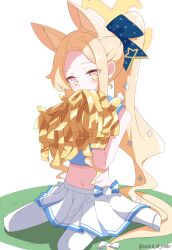 Rule 34 | 1girl, absurdres, animal ear fluff, animal ears, blonde hair, blue archive, blush, cheerleader, extra ears, fox ears, halo, highres, holding, holding pom poms, long hair, looking at viewer, murasame (sword of nmkr), navel, pantyhose, pleated skirt, pom pom (cheerleading), pom poms, revision, seia (blue archive), simple background, skirt, solo, twitter username, white background, white pantyhose, white skirt, yellow eyes, yellow halo