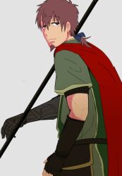 Rule 34 | 1boy, bags under eyes, black gloves, blue ribbon, brown hair, cape, fate/grand order, fate (series), fingerless gloves, gloves, green shirt, green tabard, hair between eyes, hector (fate), holding, holding polearm, holding weapon, long hair, looking back, male focus, polearm, red cape, ribbon, sasago335, shirt, short ponytail, short sleeves, solo, tabard, weapon