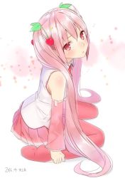 Rule 34 | 10s, 1girl, 2016, alternate color, alternate hair color, ama mitsuki, bare shoulders, boots, cherry, dated, detached sleeves, food, fruit, hatsune miku, leaf, long hair, looking at viewer, pink eyes, pink footwear, pink hair, pink skirt, pink theme, pink thighhighs, sakura miku, skirt, solo, thigh boots, thighhighs, twintails, very long hair, vocaloid, wide sleeves