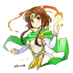 Rule 34 | 1girl, bridal gauntlets, brown eyes, brown hair, closed mouth, fire, fire emblem, fire emblem: thracia 776, frown, green scarf, headband, jewelry, long hair, looking at viewer, magic, miranda (fire emblem), nintendo, scarf, upper body, white background, yukia (firstaid0)
