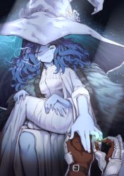 Rule 34 | absurdres, blue eyes, crossed legs, elden ring, from software, hat, highres, jewelry, namco, penguru 086, ranni the witch, ring, tagme, tarnished (elden ring), witch hat