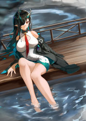 Rule 34 | 1girl, absurdres, arknights, ban tang, bare legs, bare shoulders, barefoot, black hair, black jacket, breasts, chinese commentary, cleavage cutout, closed mouth, clothing cutout, contrapposto, dot nose, dragon girl, dragon horns, dragon tail, dusk (arknights), feet, full body, green hair, hair over one eye, highres, horns, jacket, knee up, large breasts, long hair, multicolored hair, off shoulder, open clothes, open jacket, outdoors, pointy ears, red eyes, shadow, sitting, sleeveless, solo, split mouth, tail, w, water