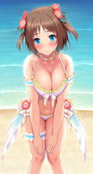 Rule 34 | 1girl, beach, bikini, blue eyes, blue nails, blush, breasts, bridal garter, brown hair, cleavage, collarbone, flower, hair flower, hair ornament, hands on own knees, highres, jewelry, kawase seiki, large breasts, leaning forward, looking at viewer, nail polish, navel, necklace, ronye arabel, short hair, smile, solo, swimsuit, sword art online, sword art online: alicization, two side up, white bikini
