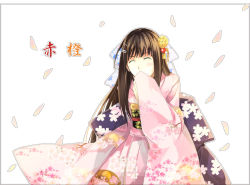 Rule 34 | 1girl, ^ ^, alternate costume, cherry blossoms, closed eyes, covering own mouth, female focus, hamayumiba sou, hand over mouth, hand over own mouth, houraisan kaguya, japanese clothes, kimono, new year, sleeves past wrists, smile, solo, touhou