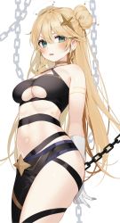 Rule 34 | 1girl, absurdres, armlet, asymmetrical legwear, bare shoulders, blonde hair, blush, breasts, chain, choker, cleavage, commentary, commission, double bun, double halo, earrings, english commentary, gloves, green eyes, hair bun, hair ornament, halo, halterneck, highres, jewelry, kaneko lumi, kaneko lumi (1st costume), long hair, midriff, navel, phase connect, solo, star (symbol), star earrings, star hair ornament, tamafurin, thighs, underboob, unhappy, virtual youtuber, white background, white gloves