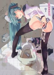 Rule 34 | 1girl, aftersex, aqua eyes, aqua hair, arm support, ass, bad id, bad pixiv id, bar censor, bathroom, bent over, black thighhighs, blue nails, bra, cellphone, censored, clothing aside, condom, condom packet strip, condom wrapper, cum, cum in pussy, cumdrip, feet, graffiti, hatsune miku, long hair, looking back, nail polish, no pants, open mouth, panties, panties aside, passcal, phone, pussy, restroom, school uniform, see-through, serafuku, skirt, solo, spread pussy, squat toilet, striped bra, striped clothes, striped panties, thighhighs, toilet, toilet paper, twintails, underwear, unworn skirt, used condom, vocaloid