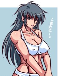 Rule 34 | 1girl, abs, bare shoulders, black hair, blue eyes, border, breasts, collarbone, commentary request, covered erect nipples, large breasts, long hair, looking at viewer, muscular, muscular female, navel, open mouth, original, panties, retro artstyle, shiny skin, simamoto utako, sketch, taroimo (00120014), translation request, underwear, underwear only, white border, white panties, wide hips