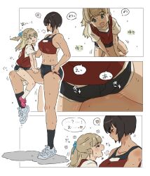 Rule 34 | 2girls, bike shorts, blonde hair, blue eyes, breasts, brown hair, buruma, closed mouth, commentary request, elbow sleeve, hand on another&#039;s back, heart, height difference, highres, kei (m k), large breasts, lifting person, long hair, m k, multiple girls, open mouth, original, red eyes, rika (m k), shirt, shoes, short hair, simple background, sitting, sitting on person, sneakers, sportswear, steaming body, sweat, tall female, tan, tomboy, toned, track uniform, translated, underwear, yuri