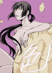 1girl bare_shoulders black_hair breasts cleavage closed_mouth collarbone commentary_request d.gray-man dark-skinned_female dark_skin floating_hair implied_nudity long_hair looking_at_viewer low_ponytail lulu_bell mature_female n_ptm ponytail purple_background rock thighs yellow_eyes