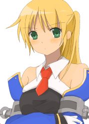 Rule 34 | 1girl, arc system works, arm under breasts, bad id, bad pixiv id, bare shoulders, blazblue, blonde hair, breasts, detached sleeves, gloves, green eyes, looking at viewer, necktie, noel vermillion, ponytail, small breasts, solo, usame, white gloves