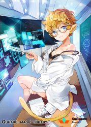 Rule 34 | 1girl, animal ears, black bra, blonde hair, blue eyes, blush, bra, breasts, chalkboard, cleavage, copyright name, curly hair, dress shirt, glasses, holographic monitor, inzup, crossed legs, looking at viewer, monkey ears, monkey tail, original, pointer, qurare magic library, science fiction, shirt, short hair, sitting, small breasts, smile, solo, strap slip, tail, underwear
