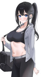 Rule 34 | 1girl, absurdres, bag, black bag, black hair, black leggings, black pants, black shirt, black sports bra, blue eyes, breasts, cleavage, closed mouth, commentary request, cowboy shot, crop top, drawstring, duffel bag, earpiece, grey jacket, highres, jacket, large breasts, lebring, leggings, long hair, long sleeves, looking at viewer, midriff, mole, mole under eye, navel, nike (company), open clothes, open jacket, original, pants, ponytail, shirt, shoulder bag, sidelocks, simple background, smile, solo, sports bra, standing, stomach, sweat, white background, wireless earphones, yoga pants