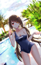 Rule 34 | 1girl, absurdres, blurry, blurry background, breasts, brown hair, cleavage, collarbone, date a live, dutch angle, groin tendon, heterochromia, highres, kxrv3238, long hair, medium breasts, off shoulder, one-piece swimsuit, painterly, palm tree, pool, poolside, red eyes, smile, solo, strap slip, tokisaki kurumi, tree, yellow eyes