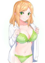 Rule 34 | 1girl, bikini, blonde hair, bow, bow bra, bra, breasts, cleavage, closed mouth, crotch seam, dress shirt, green bikini, green eyes, green panties, highres, lace, lace bra, lace panties, large breasts, light frown, looking at viewer, medium hair, navel, no pants, open clothes, open shirt, opened by self, original, panties, raitho, shirt, sidelocks, simple background, solo, standing, swept bangs, swimsuit, underwear, undressing, white background, white shirt, wing collar