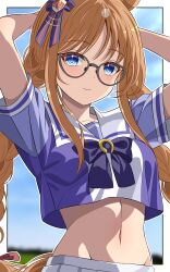 Rule 34 | 1girl, 96dai 0313, absurdres, adjusting hair, alternate hairstyle, animal ears, bespectacled, blue eyes, blurry, blurry background, braid, breasts, closed mouth, french braid, glasses, grass wonder (umamusume), hair ornament, highres, horse ears, horse girl, horse tail, long hair, looking at viewer, midriff, school uniform, sky, small breasts, smile, solo, tail, tracen school uniform, twin braids, umamusume, uniform
