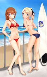 Rule 34 | 2girls, beach, bikini, blonde hair, blue eyes, brown hair, charlotte e. yeager, day, katharine ohare, long hair, multiple girls, ponytail, rasielcochma, strike witches, surfboard, swimsuit, world witches series