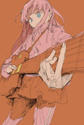 Rule 34 | 1girl, blue eyes, bocchi the rock!, cube hair ornament, dutch angle, electric guitar, gotoh hitori, guitar, hair ornament, highres, instrument, jacket, kappa modoki, music, pink hair, pink jacket, playing instrument, red background, red skirt, skirt, solo, sweatdrop, track jacket