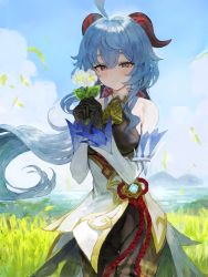 Rule 34 | 1girl, ahoge, bell, blue hair, blue sky, blush, bodysuit, breasts, brown bodysuit, cowbell, detached sleeves, dress, flower, ganyu (genshin impact), genshin impact, gloves, grass, highres, horns, large breasts, long hair, looking at viewer, ponytail, purple eyes, sky, smile, solo, sonchi, thighs, white dress