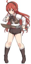 Rule 34 | 1girl, ahoge, black footwear, black hairband, boots, bow, brown hair, commentary, eris greyrat, frown, hair between eyes, hairband, holding, holding sword, holding weapon, long hair, looking at viewer, mushoku tensei, shirt, shiseki hirame, shorts, simple background, solo, sword, weapon, weapon on back, white background, white shirt