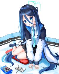 Rule 34 | aris (blue archive), aru (blue archive), bad id, bad twitter id, blue archive, blue eyes, blue hair, commentary request, dark blue hair, hair between eyes, halo, headband, highres, jacket, long hair, looking at viewer, necktie, no shoes, open mouth, playstation controller, rectangular halo, school uniform, shiroko (blue archive), simple background, sitting, sitting on pillow, very long hair, white background
