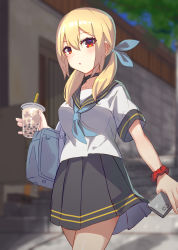 Rule 34 | 1girl, absurdres, alternate eye color, bad id, bad pixiv id, bag, black choker, black skirt, blonde hair, blue ribbon, bubble tea, cellphone, choker, collarbone, cup, disposable cup, door, drinking straw, hair ribbon, highres, holding, holding cup, holding phone, looking at viewer, mole, mole under eye, original, outdoors, parted lips, phone, pleated skirt, red eyes, ribbon, sailor collar, school bag, school uniform, scrunchie, shirt, short sleeves, skirt, smartphone, solo, twintails, walking, wall, white shirt, wrist scrunchie, yonkumi (gatling033)