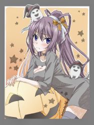 Rule 34 | 1girl, blue eyes, blush, cleavage cutout, clothing cutout, embarrassed, ghost, halloween, halloween costume, hat, infinite stratos, jack-o&#039;-lantern, long hair, looking at viewer, ponytail, purple hair, shinonono houki, witch hat