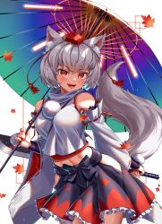 Rule 34 | 1girl, absurdres, animal ears, black skirt, breasts, cowboy shot, detached sleeves, enma (enmanuelart), fangs, hat, highres, hip vent, holding, holding sword, holding weapon, inubashiri momiji, large breasts, leaf, lips, looking at viewer, maple leaf, midriff, miniskirt, multicolored clothes, multicolored skirt, nail polish, open mouth, parasol, pom pom (clothes), red eyes, red hat, red nails, red skirt, shirt, short hair, silver hair, simple background, skirt, smile, solo, standing, sword, tail, tassel, tokin hat, touhou, umbrella, weapon, white background, white shirt, wolf ears, wolf tail