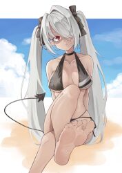 Rule 34 | 1girl, absurdres, barefoot, blue archive, demon tail, feet, grey hair, hair over one eye, highres, hohoyo, iori (blue archive), iori (swimsuit) (blue archive), light blush, long hair, looking at viewer, red eyes, shaded face, soles, swimsuit, tail, toes, twintails