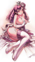 Rule 34 | 1girl, aoin, ass, blush, borrowed character, breasts, cleavage, dress, drill hair, female focus, flower, garter straps, hair flower, hair ornament, helmet, high heels, highres, jewelry, large breasts, long hair, lying, necklace, on side, original, purple eyes, purple hair, sitting, smile, solo, thighhighs