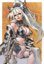 Rule 34 | 1girl, animal ears, animal print, armor, aro (charged time out), bad id, bad pixiv id, breasts, cleavage, cow ears, cow girl, cow horns, cow print, horns, large breasts, lips, long hair, midriff, navel, original, ponytail, solo, white hair, yellow eyes